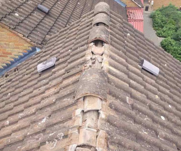 This is a photo if a roof ridge which has missing tiles. The ridge tiles are being replaced by NGF Roofing Brixworth